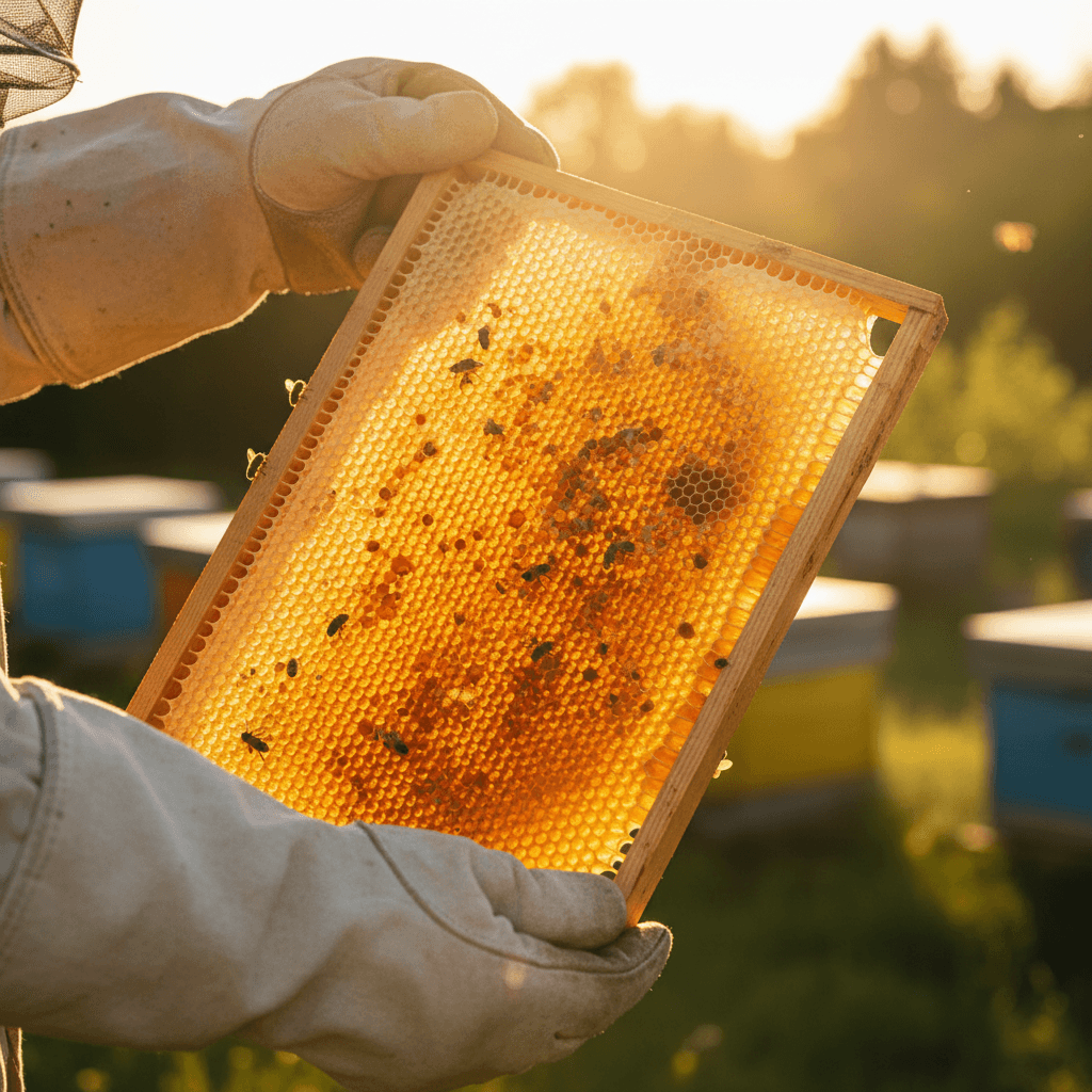 Beekeeper inspecting honeycomb frame in apiary