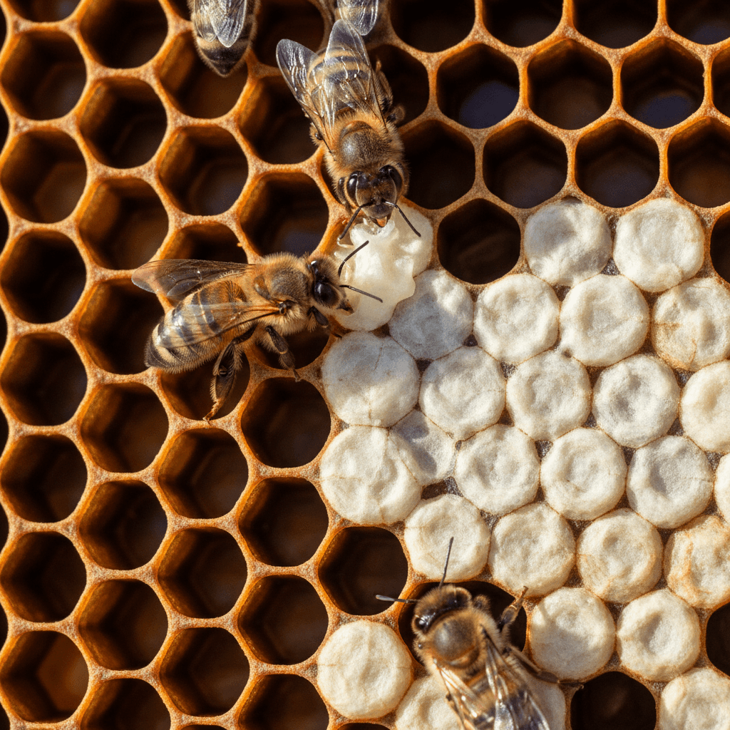 Worker bees sealing honeycomb cells with beeswax