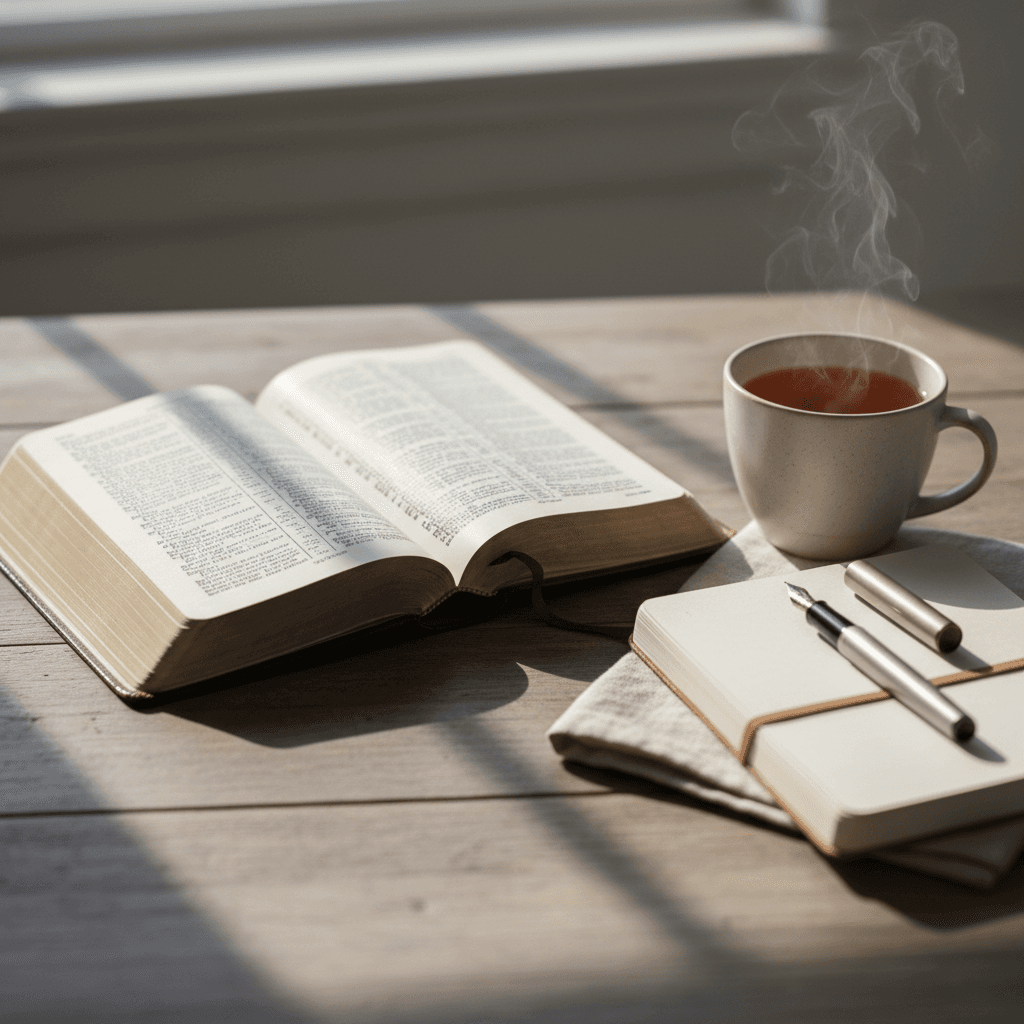 Open Bible with tea and journal on wooden table