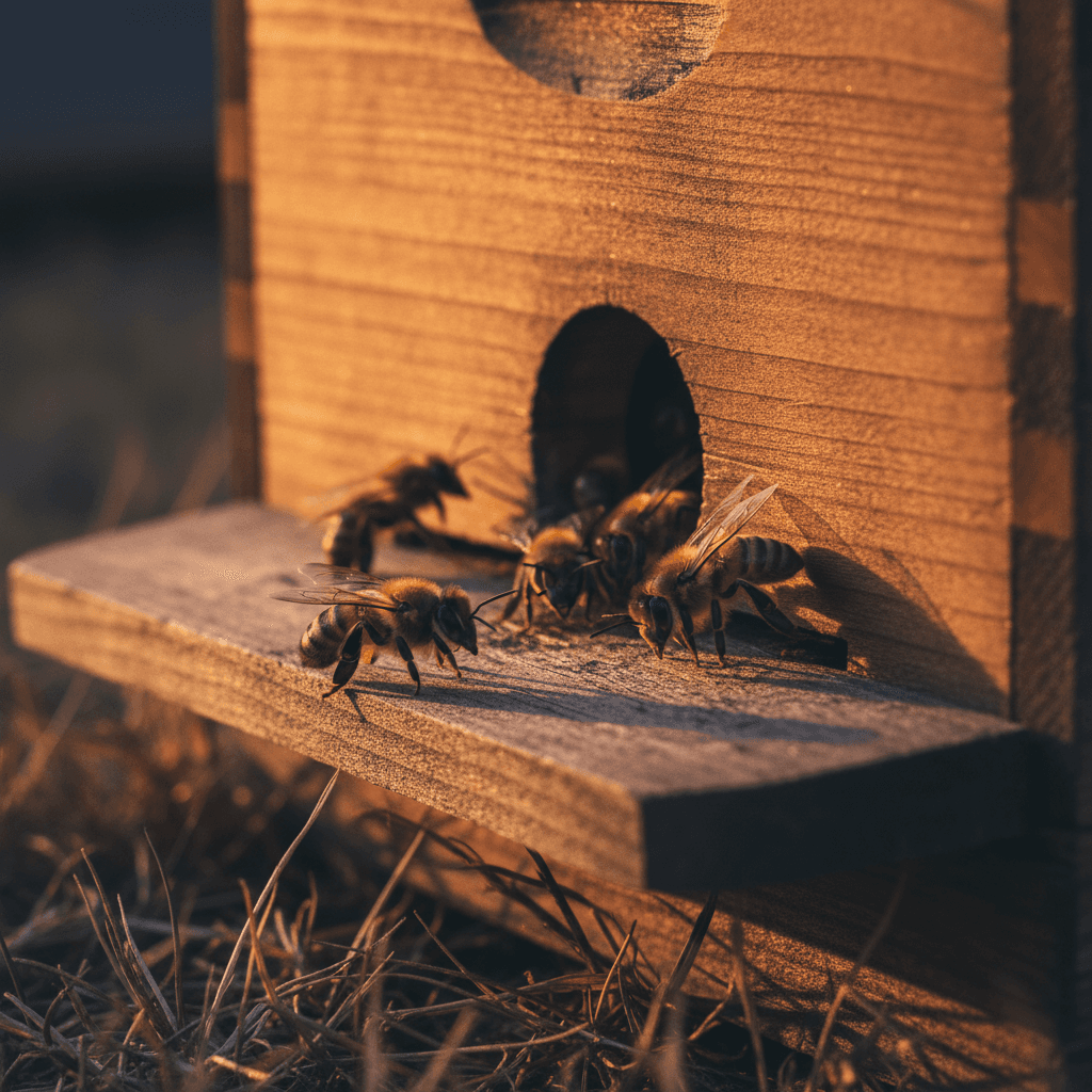 Guard bees protecting the hive entrance at dusk
