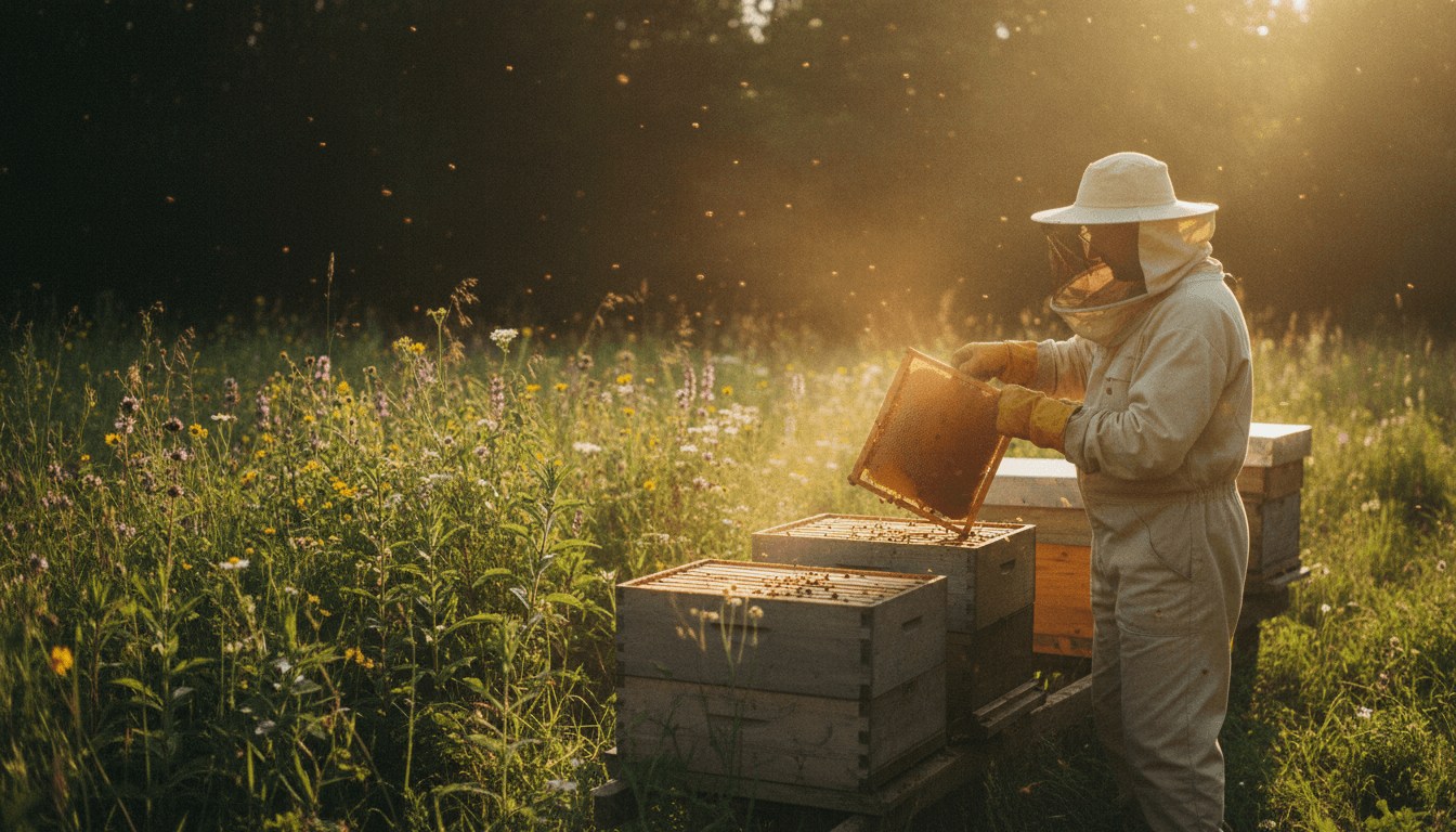 A warm artisanal aesthetic wide shot of a beekeeper in protective gear tending to an outdoor hive during golden hour