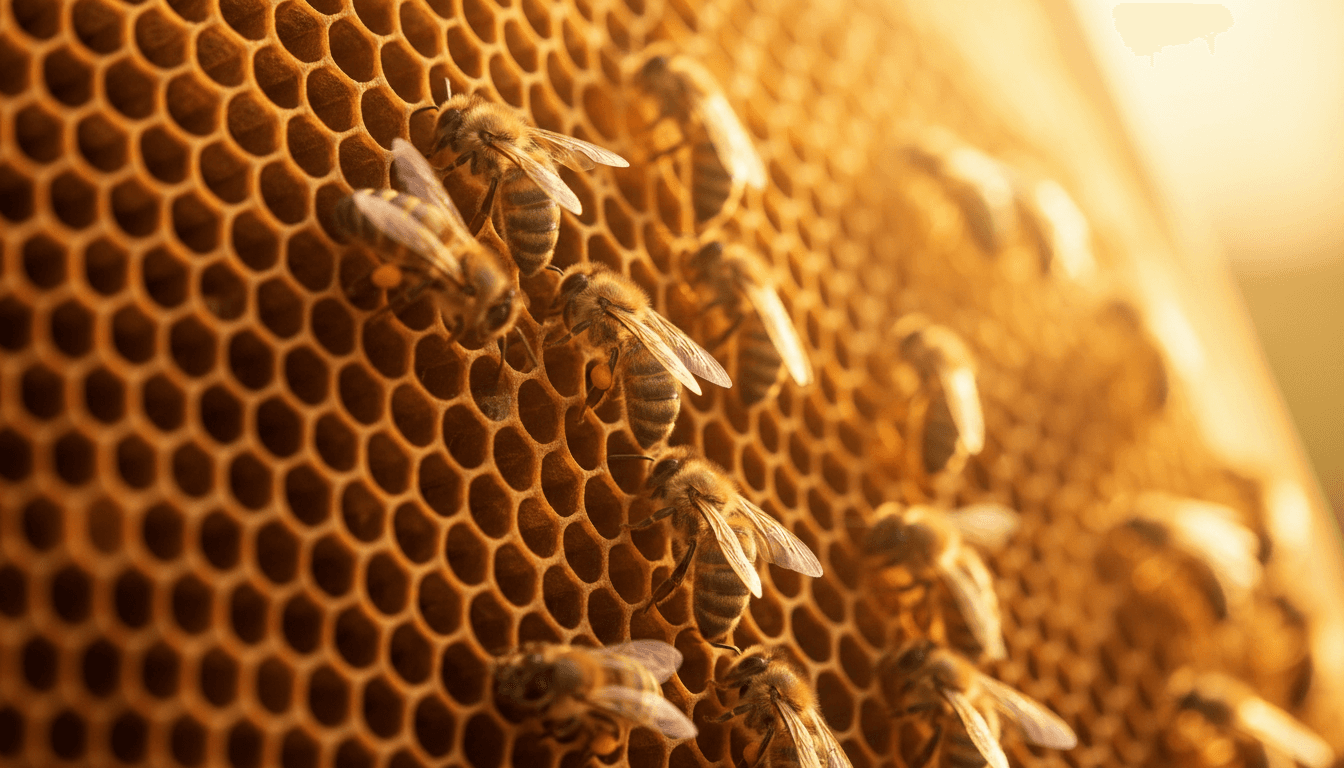 Honeybees working on honeycomb with golden sunlight