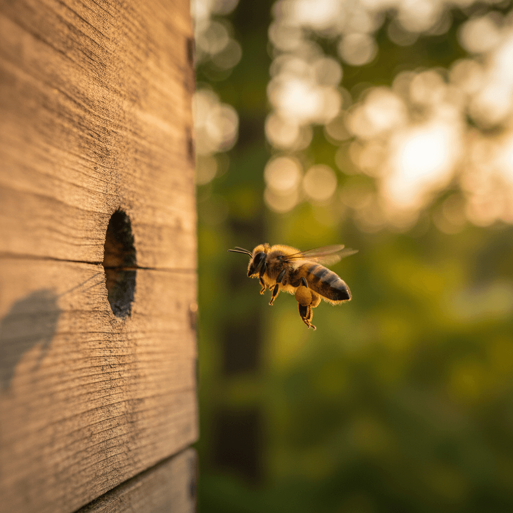 Forager bee returning to hive with pollen baskets