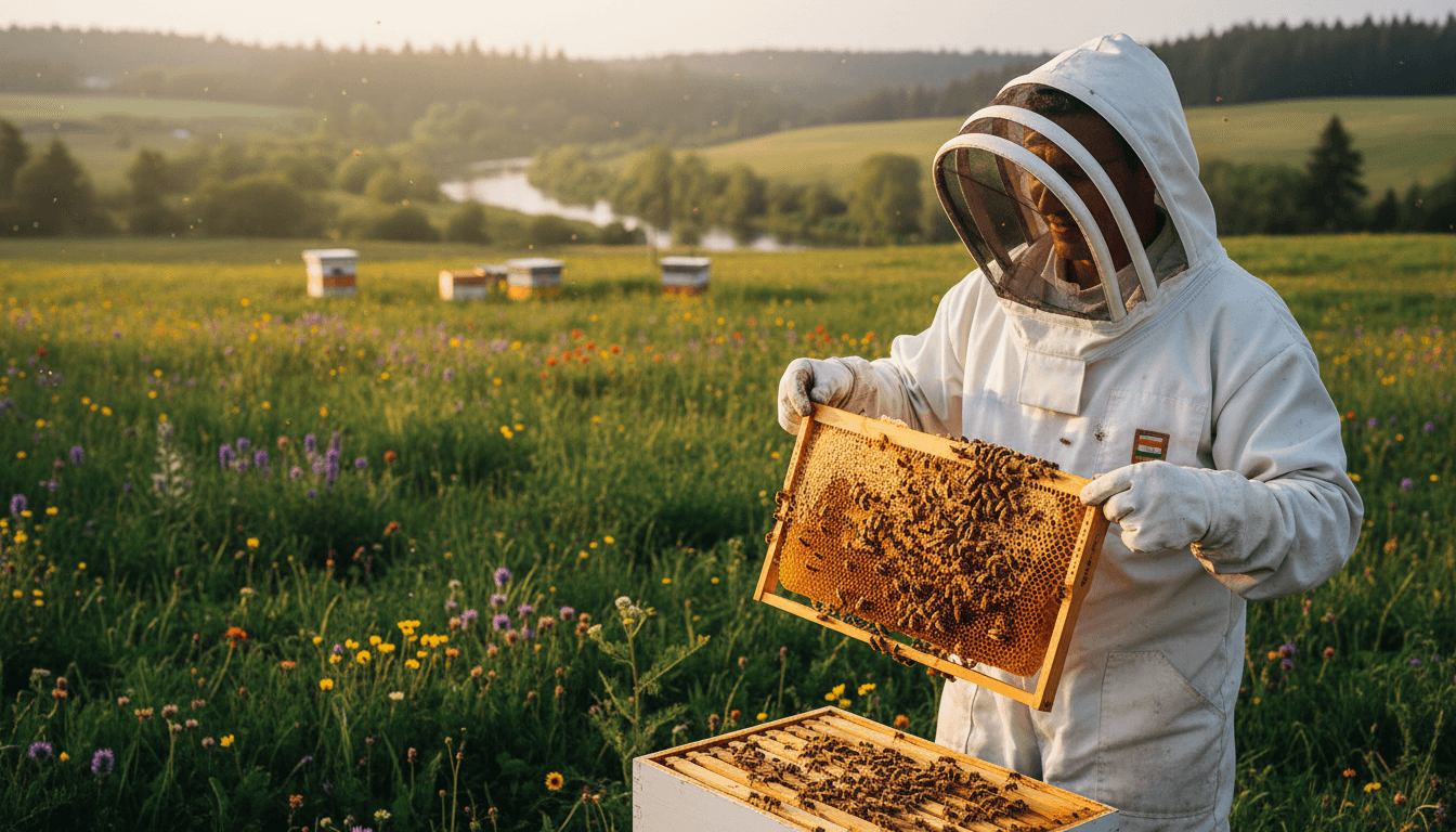 Beekeeper in Oregon holding a hive frame with honeycomb at sunset