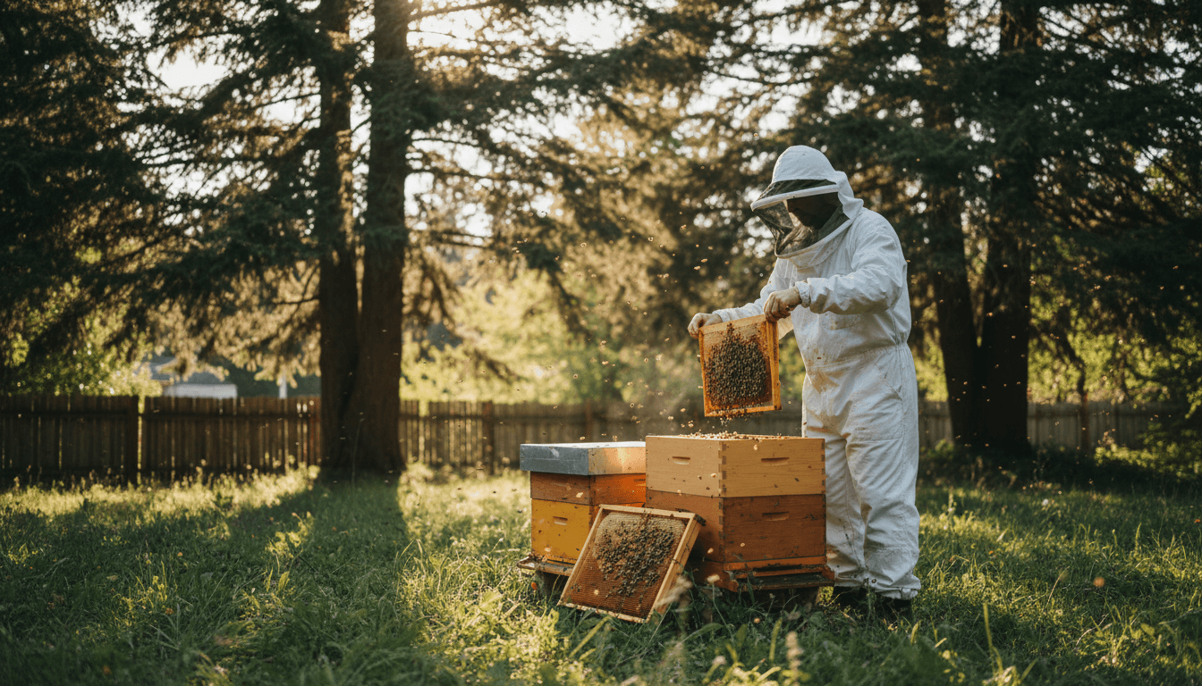 Beekeeper inspecting a wooden hive frame in a sunlit backyard