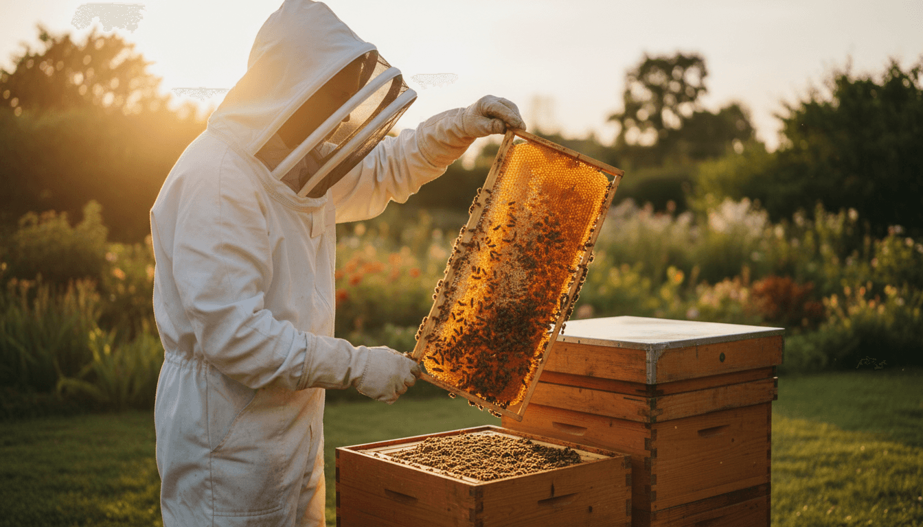 Beekeeper examining honeycomb frames in an open hive during golden hour