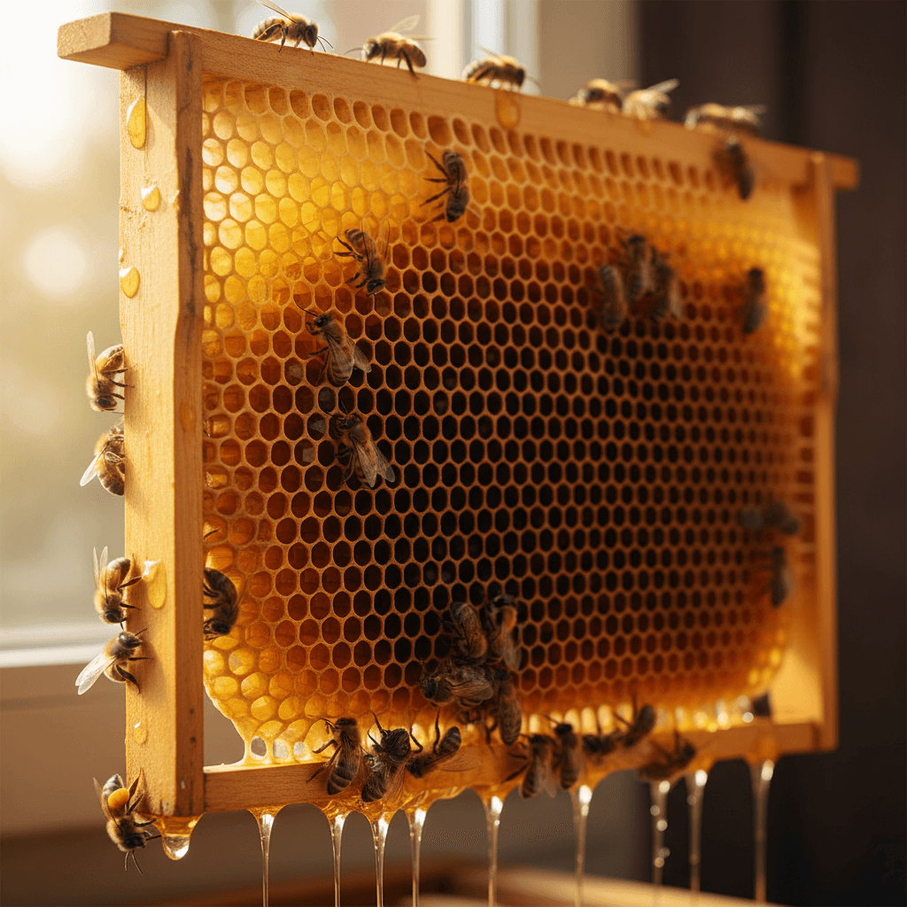 Honeycomb frame full of honey produced by scout-guided foraging