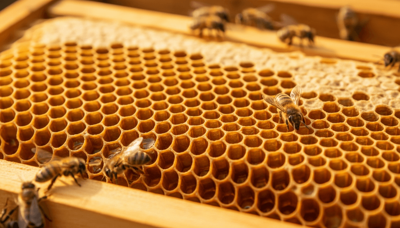 Honeycomb cells filled with golden honey and buzzing worker bees