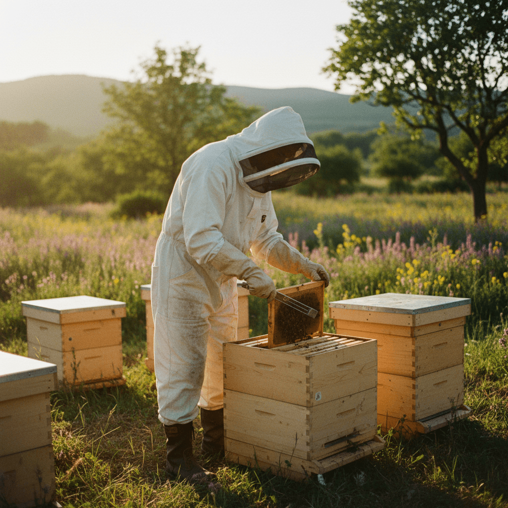 Beekeeper working at apiary during golden hour