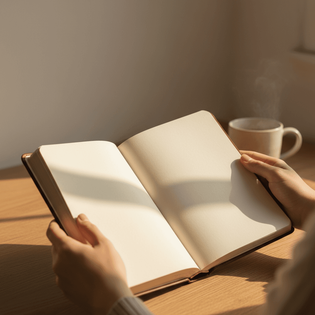 Open Bible and journal on wooden desk with morning coffee in peaceful study setting