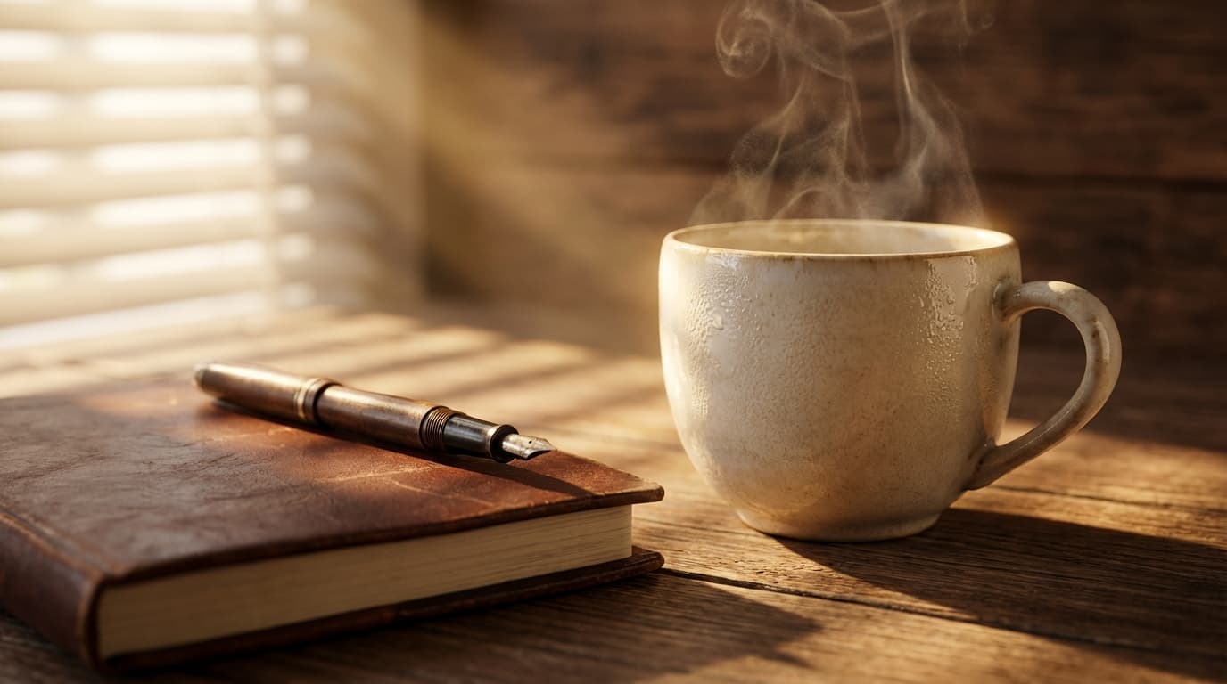 Open wooden desk with journal and pen in warm golden light