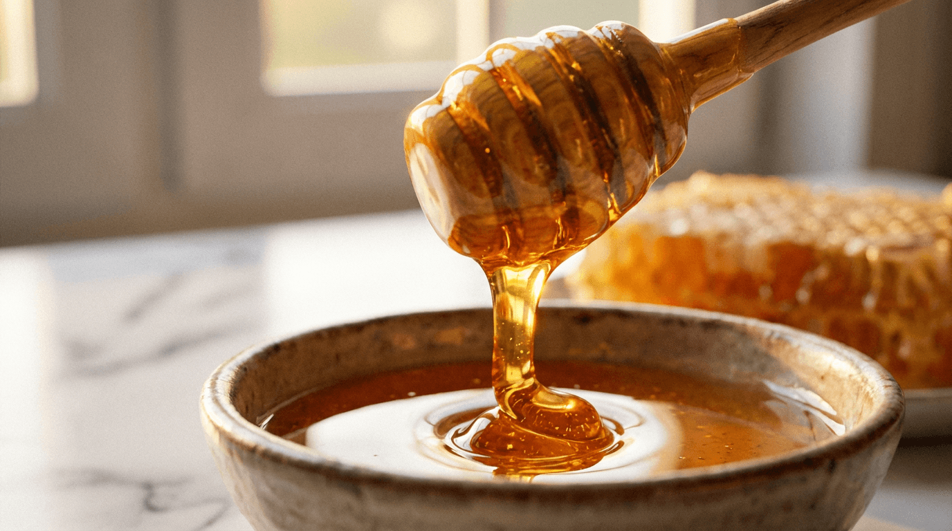 Close-up of honeycomb cells filled with honey and worker bees in soft natural light