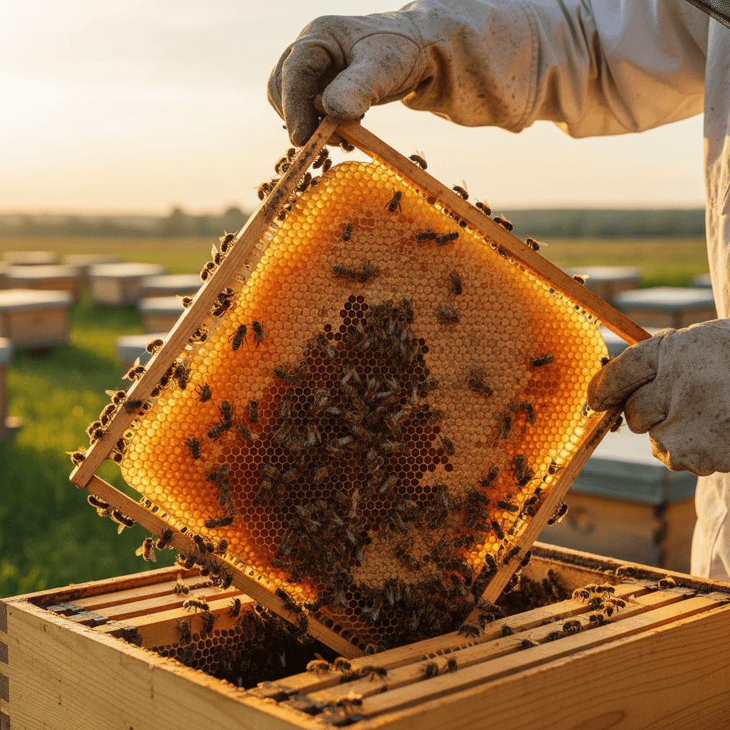 Beekeeper carefully inspecting a honeycomb frame during hive inspection