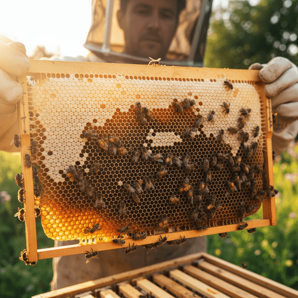 Close-up of honeycomb with bees working